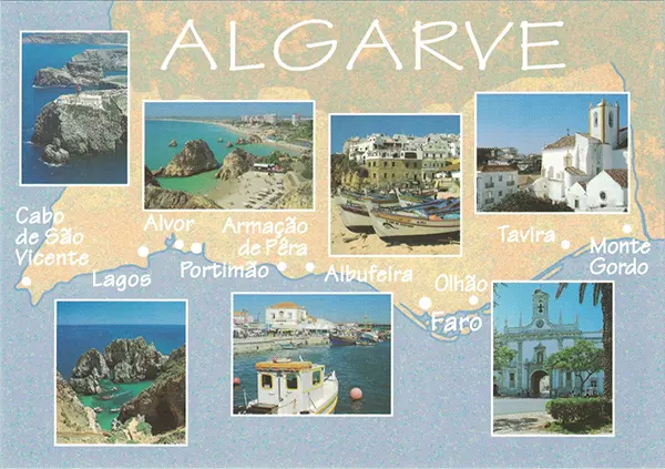 Algarve - Mapa Parcial Múltiplas Vistas (Cabo de São Vicente / Praia (Armação de Pêra) / Praia do Pescador (Albufeira) / Igreja (Tavira) / Área Costeira (Lagos) / Portimão / Arco da Vila (Faro))